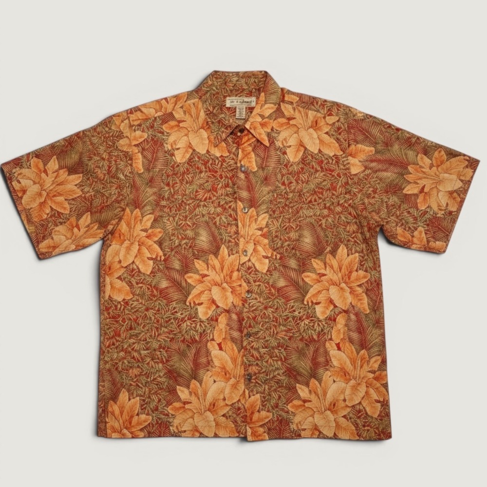 Tori Richard Mens Orange Tropical Floral Cotton Lawn Aloha Shirt Medium USA Made
